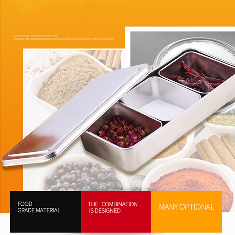 Kitchen Stainless Steel Square Seasoning Box with Lid Plastic Material Seasoning MSG Pepper Covered Salt Tank WJ903