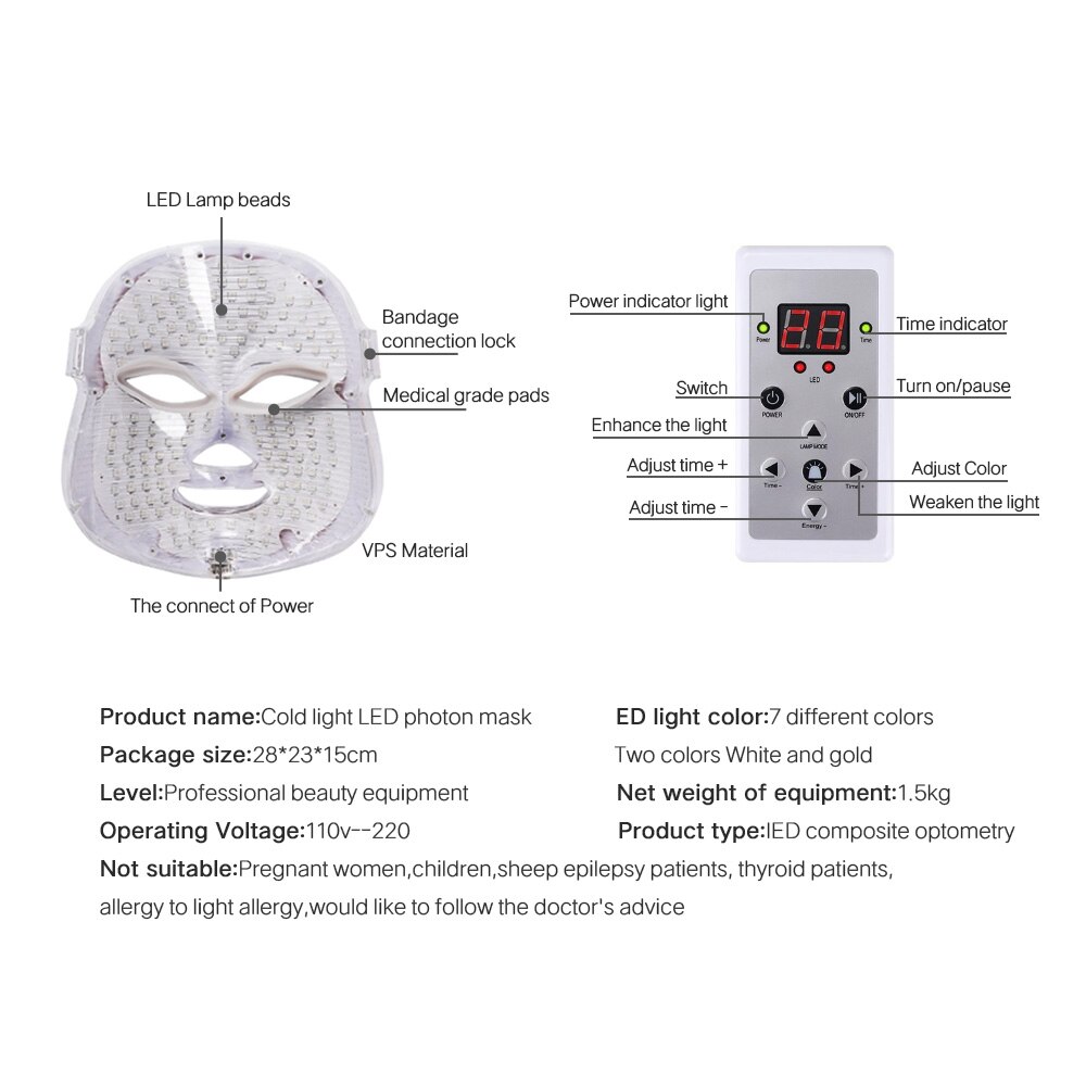 7 Color LED Mask Facial Photon Therapy Skin Rejuvenation Anti Acne Wrinkle Removal Tighten Pores Led Light Mask