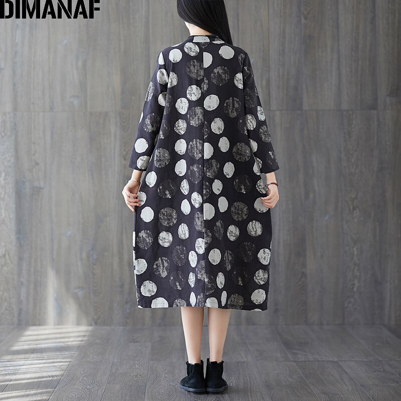 DIMANAF grande taille femmes robe Vintage à manches longues imprimé point femme Vestidos coton tenue décontractée en vrac automne vêtements