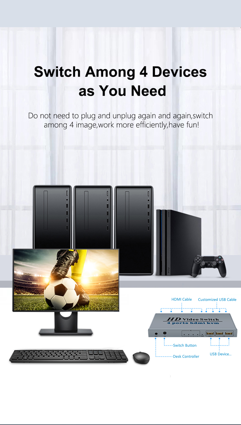 4-portowy HDMI USB KVM 4K przełącznik Splitter do wspólnego monitora klawiatura i mysz adaptacyjna drukarka EDID / HDCP Plug And Play