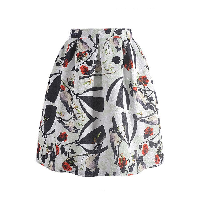 Sommer nederdele til piger med blomsterprint vintage afslappet plisserede nederdele til kvinder midi knælange retro nederdele teenager nederdele: Fugl