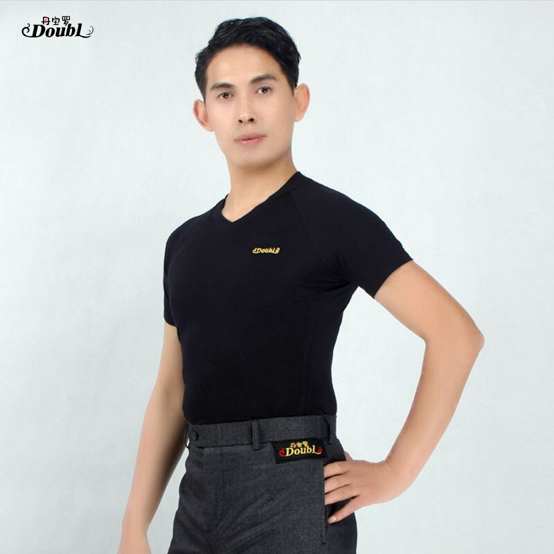Doubl herren Tanz Tops Kostüm Erwachsene Latin T hemd V Rundhals Kurzarm Moderne Standard Schwarz Tragen sie Bequeme kleidung