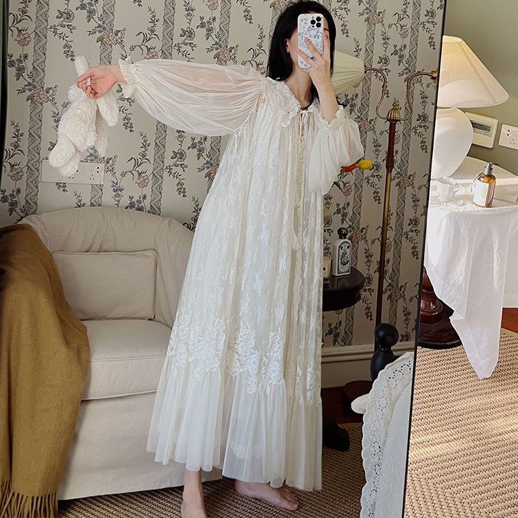 Bata de encaje bordado para mujer, vestido de noche largo de malla blanca de Hada, camisones victorianos Vintage, ropa de dormir de princesa
