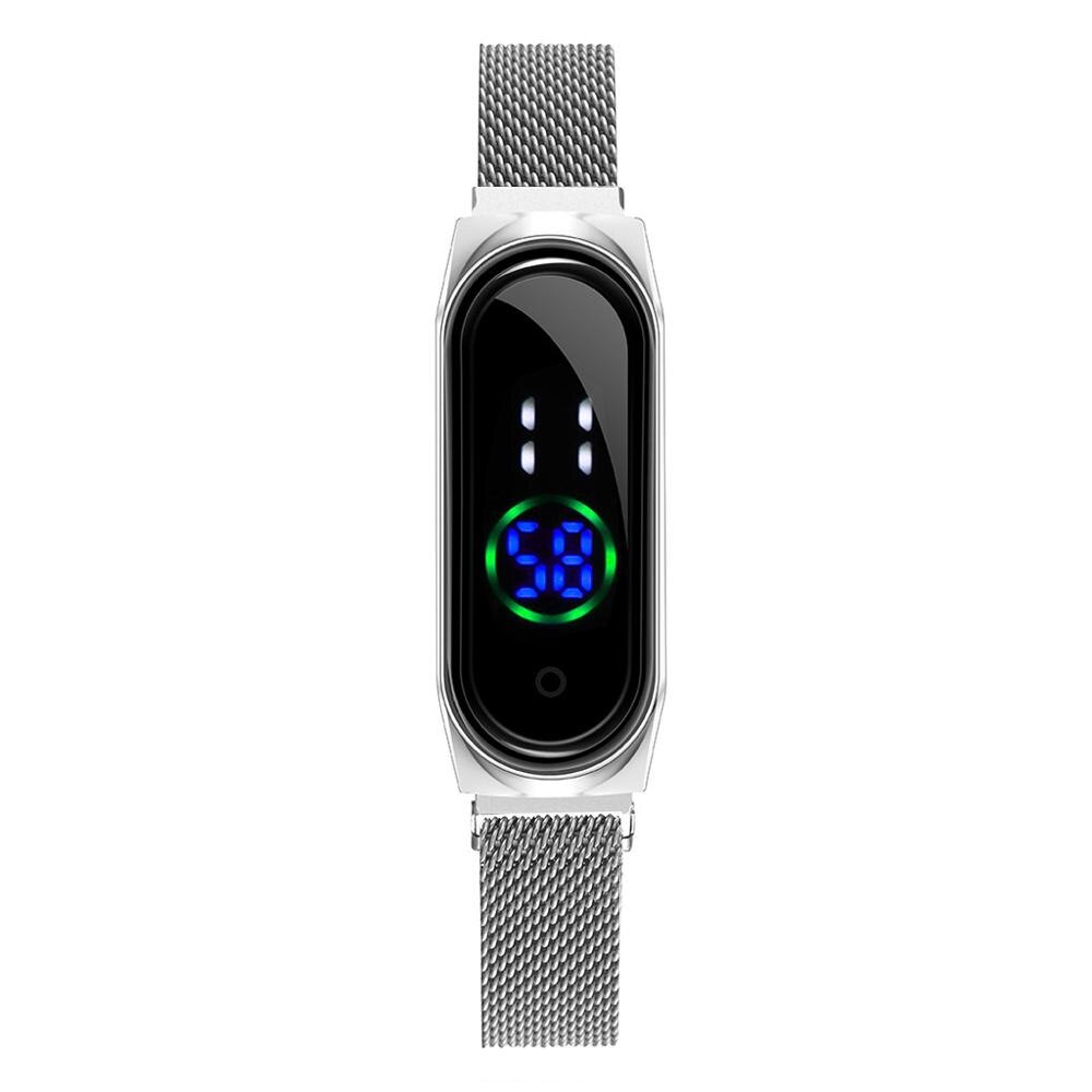 Dames Horloge Vrouwen Touch Screen Led Horloges Rose Goud Magnetische Mesh Riem Elektronische Klok Digitale Horloges Relogio Feminino: silver