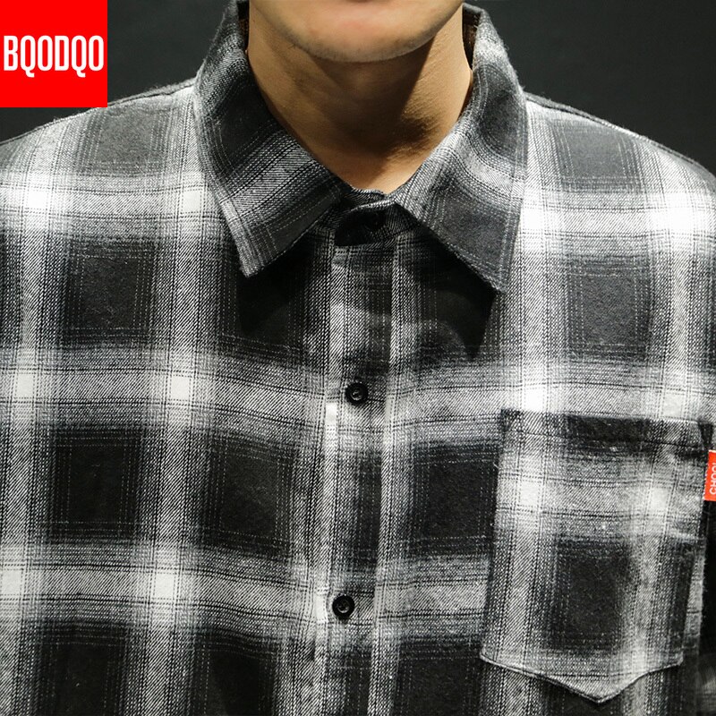 Fleece casual skjorta män vinter svart rutig streetwear hip hop långärmade herrskjortor höst preppy sammet oversized cargo toppar