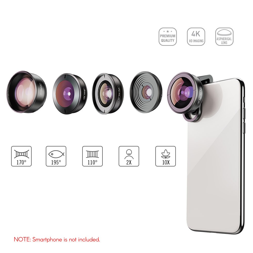 5in1 Hd Mobiele Telefoon Lens Set Fisheye 110 ° Groothoek 170 ° Super Groothoek 10x Macro-2x telelens 195 ° Lens Voor Iphone