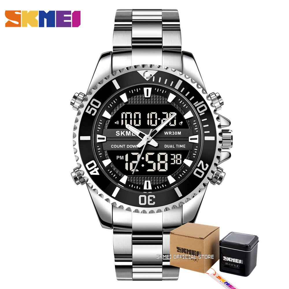 Skmei Dual Display Horloges Heren Mode Digitale Horloges Chrono Alarm Mannen Klok Waterdichte Rvs Relogio Masculino: silver BK with box