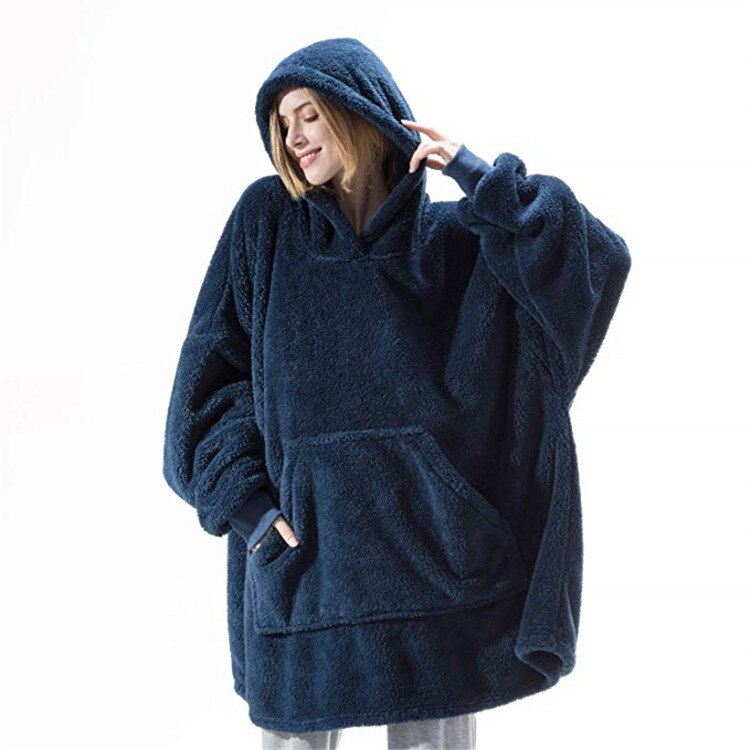 Winter Hoodie Vrouwen Pocket Hooded Deken Sweatshirt Hoodie Warm Wearable Deken Fleece Trui Winter Kleding Thuis Kleding: navy