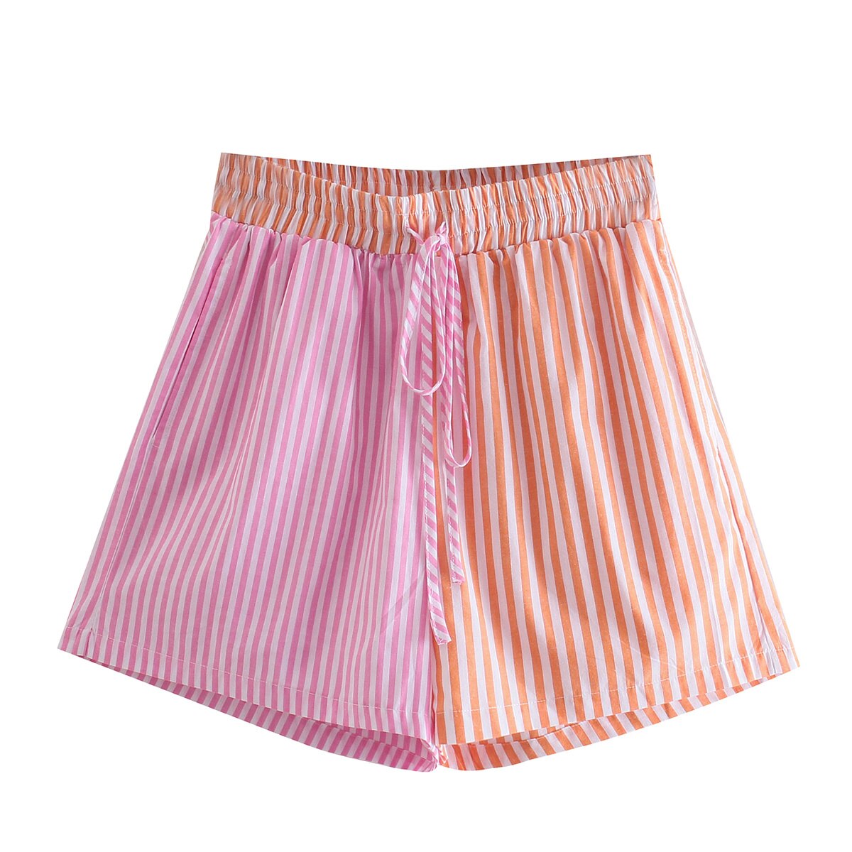 Zevity vrouwen mode patchwork gestreepte print casual bermuda shorts dames chique elastische taille zomer pantalone cortos p1086: L / Beige