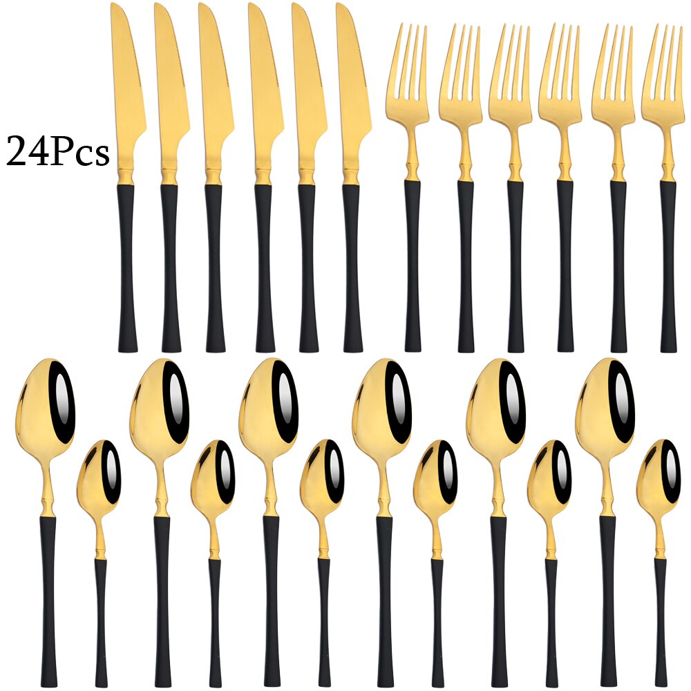 Couverts arc-en-ciel en acier inoxydable 304, 24 pièces, miroir, vaisselle, couteau, fourchette, cuillère à thé, couverts de cuisine, service d'argenterie: Black gold