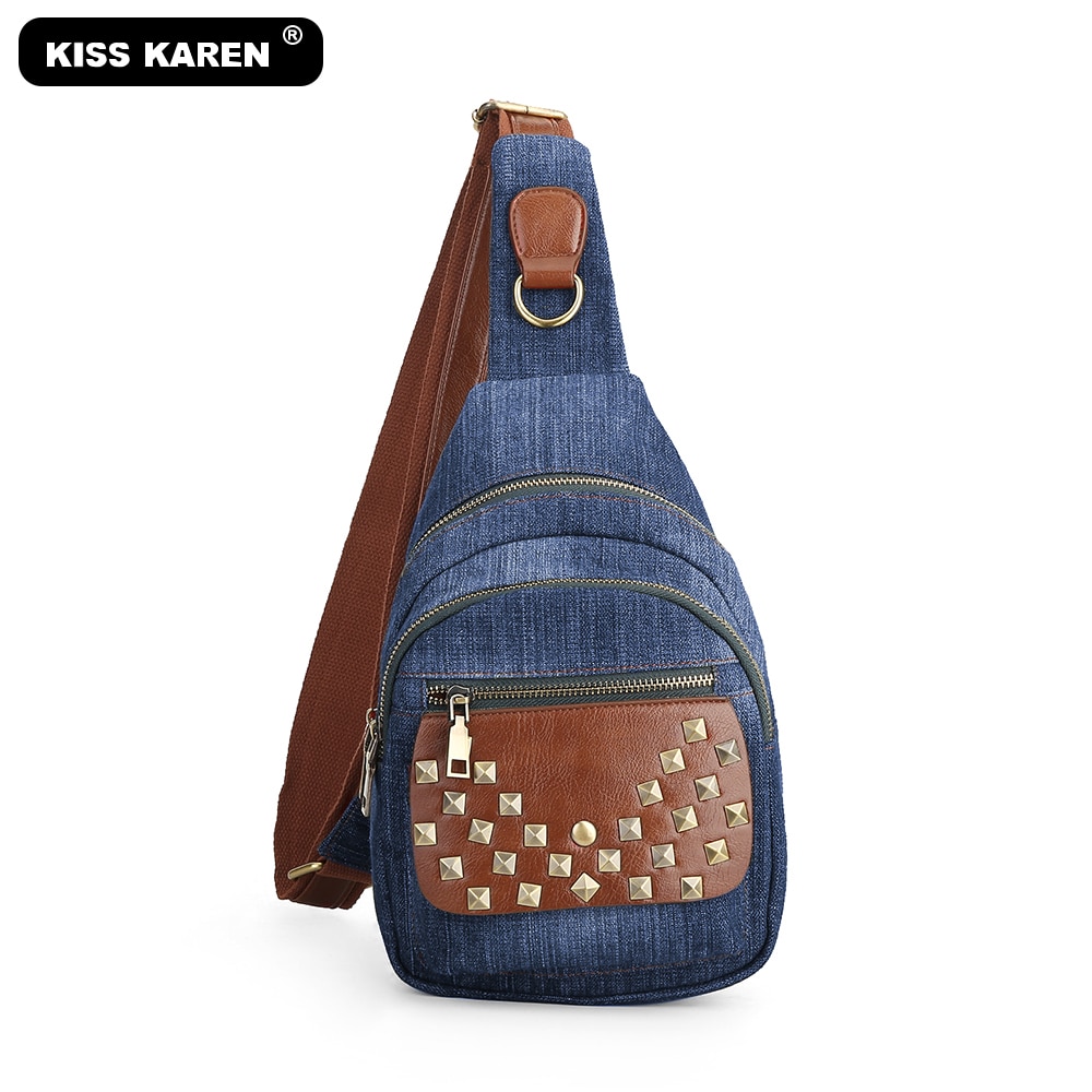 Studded Women Chest Bags Durable Jeans Casual School Bag Travel Women's Shoulder Messenger Denim Sling Bags