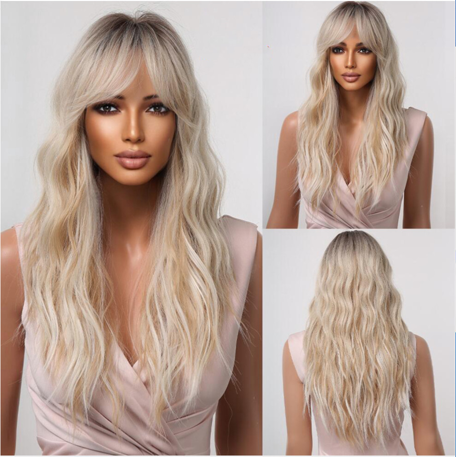 Haircube lang bølget syntetisk parykk lys blond parykker til kvinder med pandehår naturlig hårgrænse varmebestandig fiber paryk daglig fest paryk