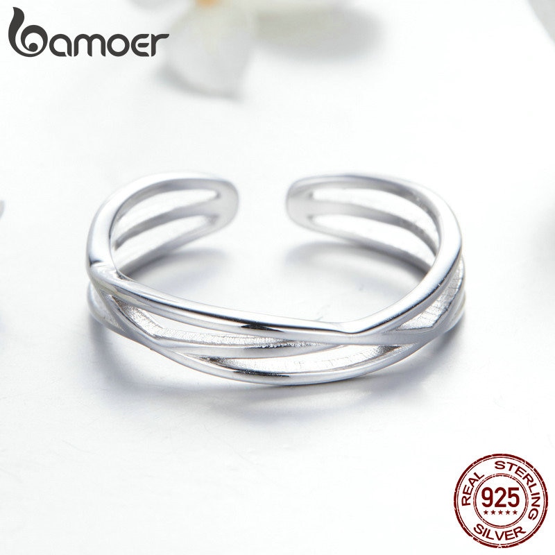 BAMOER Authentische 925 Sterling Silber Geometrische verdrehte Welle Öffnen Größe Finger Ringe Frauen Hochzeit Engagement Schmuck SCR483