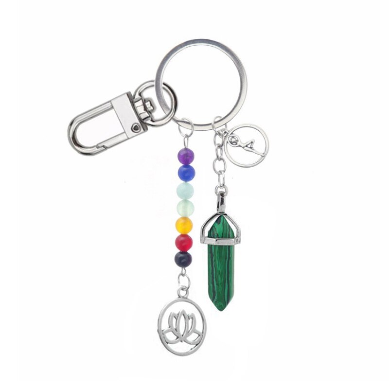 7 Chakra Energie Yoga Fitness Stenen Kralen Sleutelhanger Vrouwen Natuurlijke Zeshoekige Kolom Roze Steen Sleutelhanger Sieraden