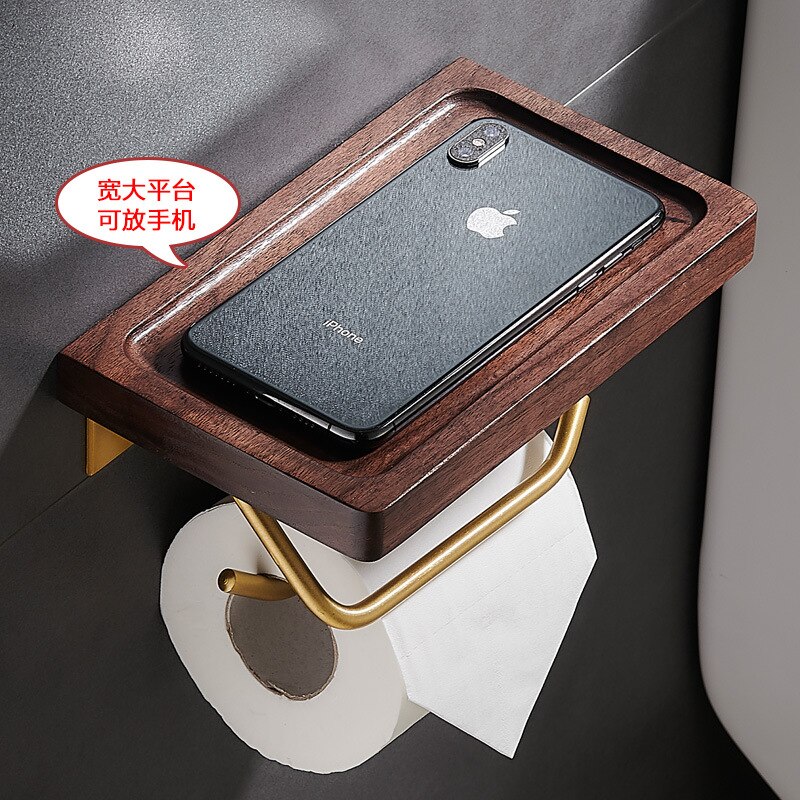 Bathroom Accessories Paper Holder Gold and Walnut Wood Paper Towel Holder Tissue Rack Toilet Paper Holder Phone Holder