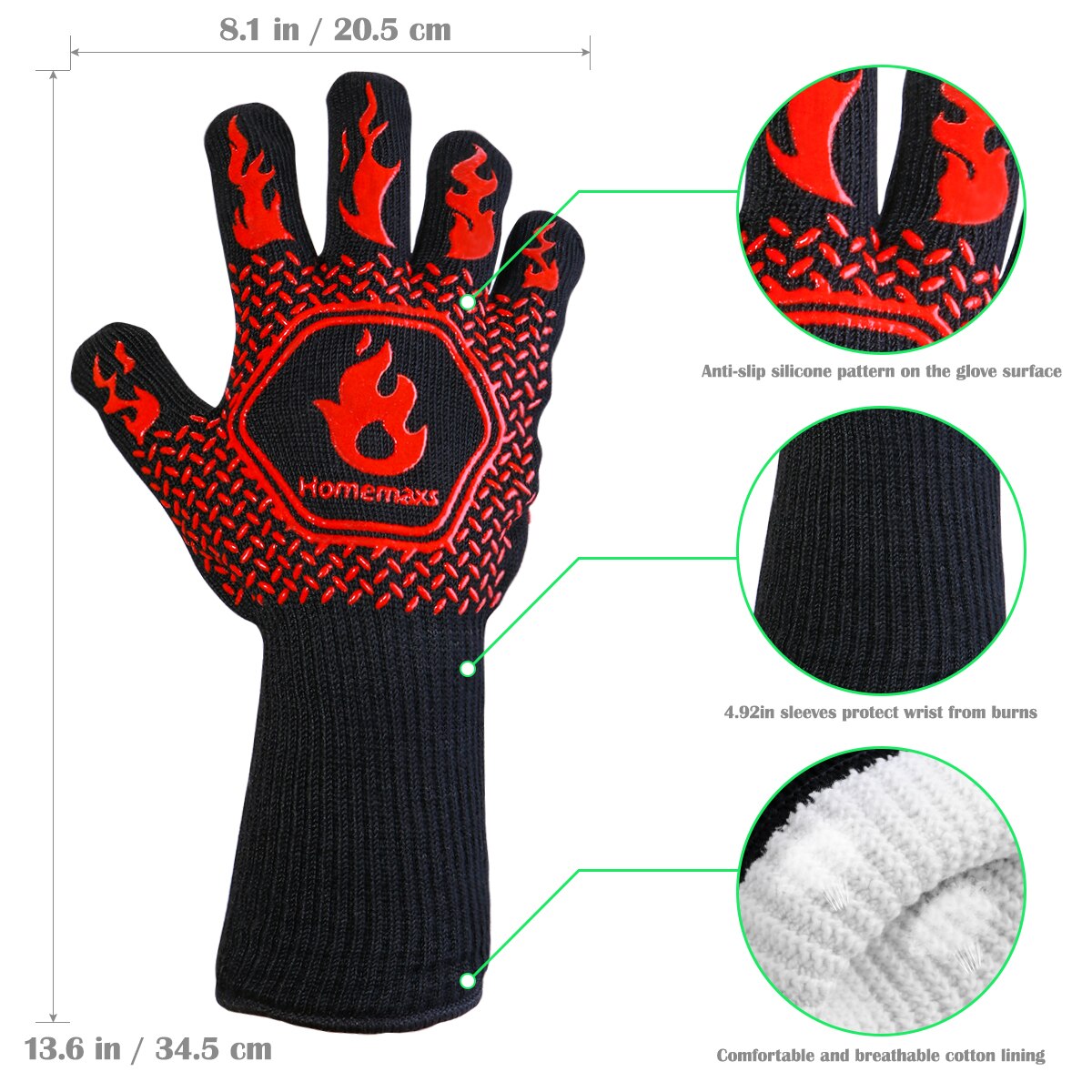 Par de Guantes Térmicos para horno HOMEMAXS resistentes a menos de 800 ℃, guantes protectores de algodón y silicona para barbacoa, guantes para cocinar a la parrilla (negro, rojo)