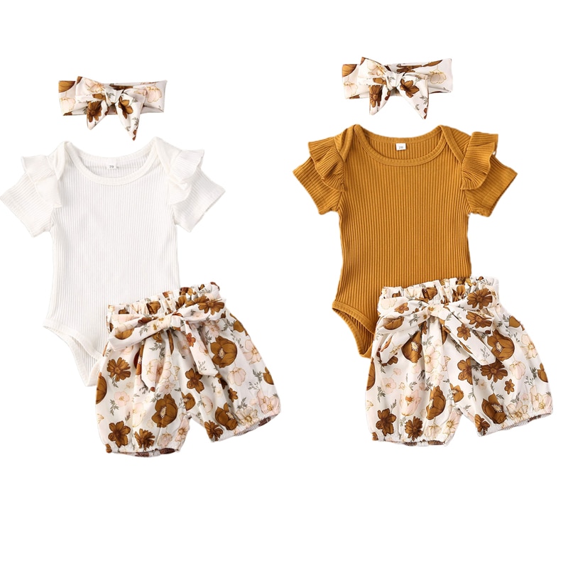 0-24m adorável infantil bebê meninas conjuntos de roupas 3 pçs babados manga curta macacão + floral shorts + bandana