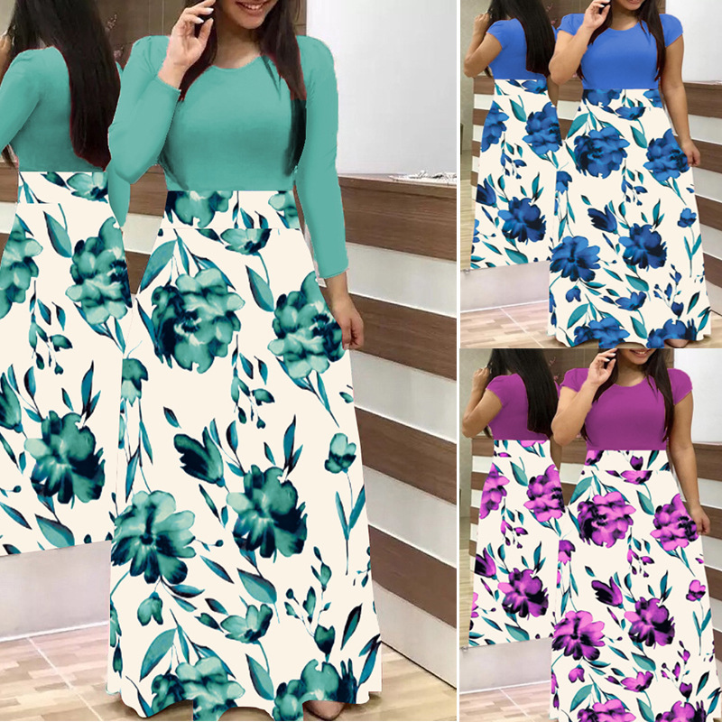 European and American style floral print color matching long sleeved dress, long women's large swing skirt