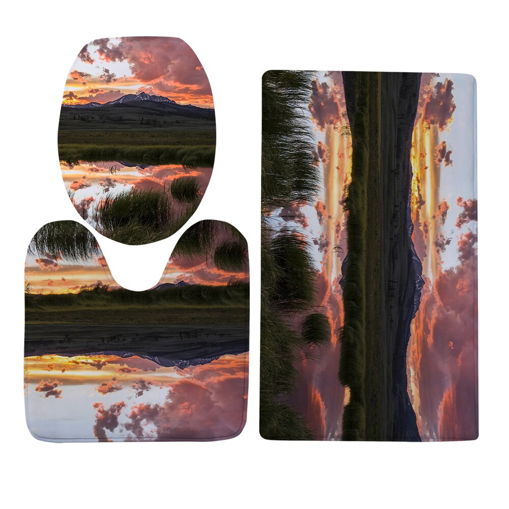 Cloocl Wc Cover Set Yellowstone Park Natuurlijke Landschap 3D Flanel Drie Stuk Wc U-Vormige Tapijt Absorberende tapijt