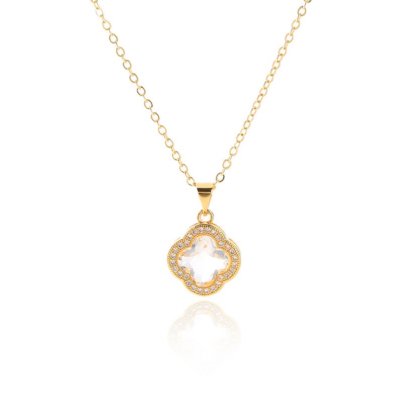 Elegante 24K Gold Clover Anhänger Halskette Für Frauen Chic Glück Gras Schlüsselbein Kette Halsketten: White