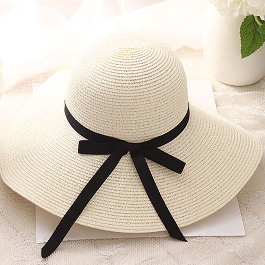 Summer Straw Hat Women Wide Brim Beach Sun Hats Ladies Floppy Beach Sun Foldable Cap Summer Wide Brim Straw Hat: White