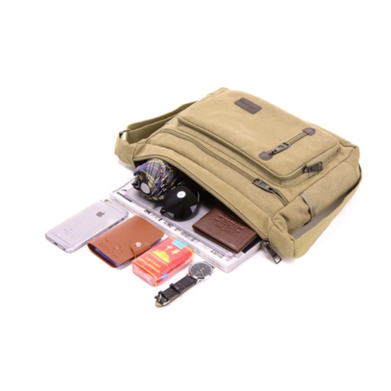 Canvas schoudertas voor flessen, heren en dames, casual, eenvoudig, retro, crossbody, vierkant, meerlaags