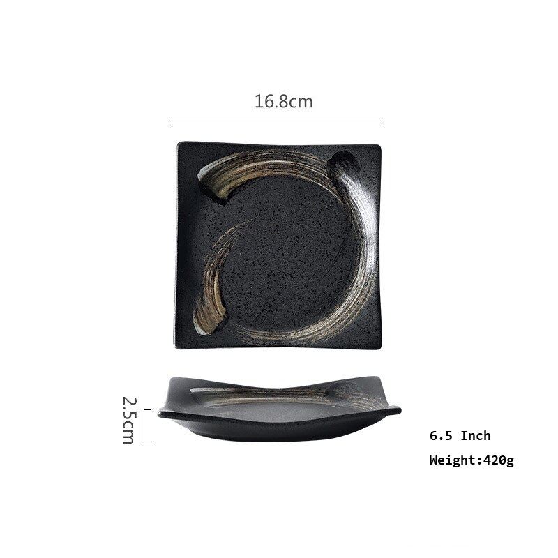 Japanese Retro Square Ceramic Tableware Black Dinner Plate Tray Dessert Steak Sushi Cake Dishes Home Restaurant Flat Plates: 6.5 Inch