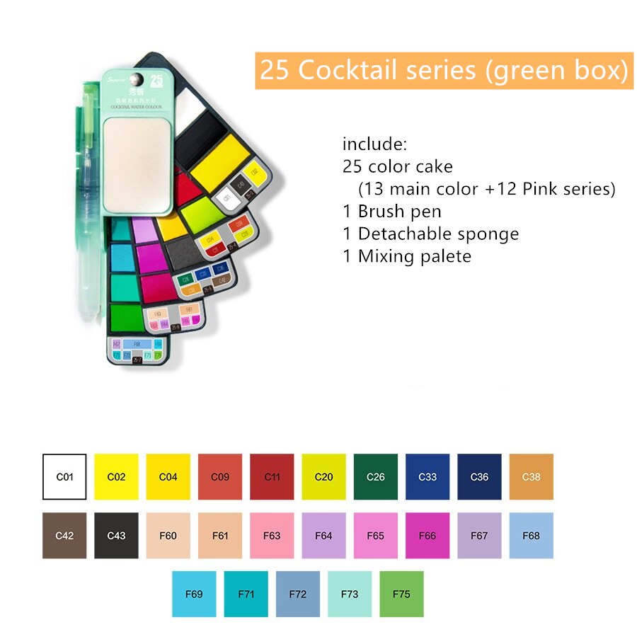 XIUP-Kit de pintura de acuarela sólida portátil en forma de abanico, paleta de pinturas superiores con pincel, suministro de Arte Artístico , H6151: 25 Cocktail green