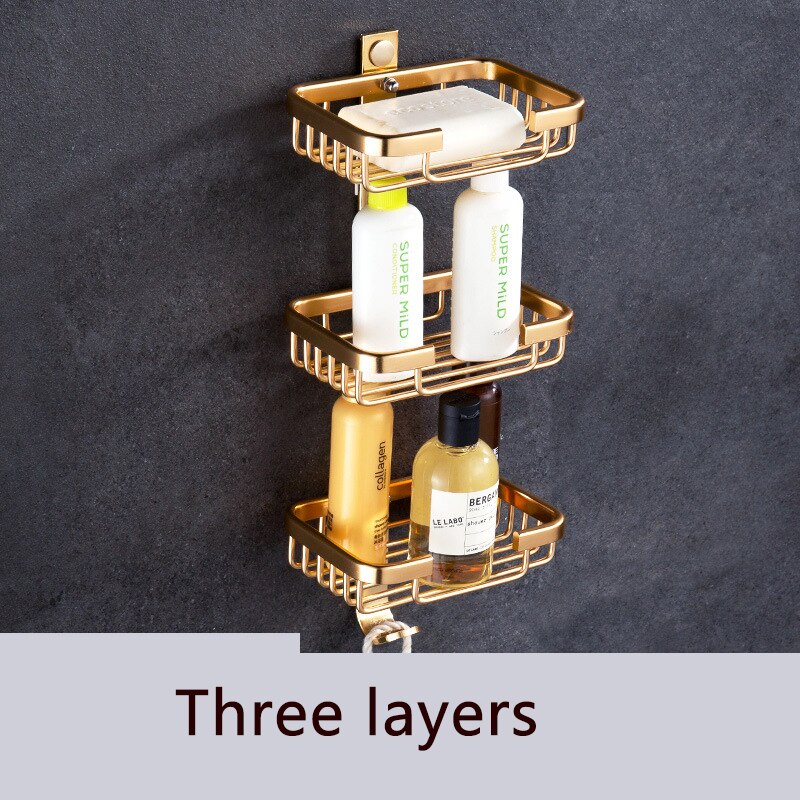 Shower Wall Soap Dish Holder, Wall Mounted Draining Soap Saver for Bathroom Tile - Rectangle Bar Soapdish with Perforation: Three layer-Golden