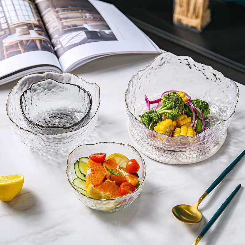 Irregular Gold Inlay Edge Glass Salad Bowl Fruit Rice Serving Bowls Food Storage Container Lunch Bento Box Decoration Tableware