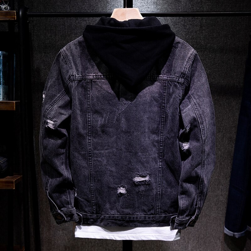 männer Neue Dünne Streetwear Abnehmbare kapuze Denim Jacken Hüfte hüpfen männlich Einfache Feste Beiläufige Jeans Jacke Mantel Plus Größe 5XL