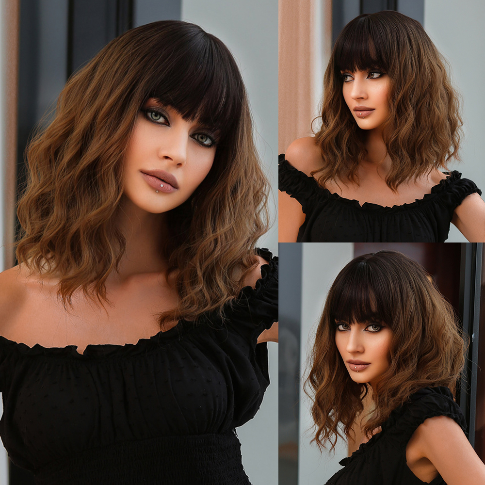 Pelucas sintéticas ombré marrón Rubio para mujer, pelo corto ondulado Bob con flequillo, onda corporal, Cosplay, Lolita, pelo Natural resistente al calor