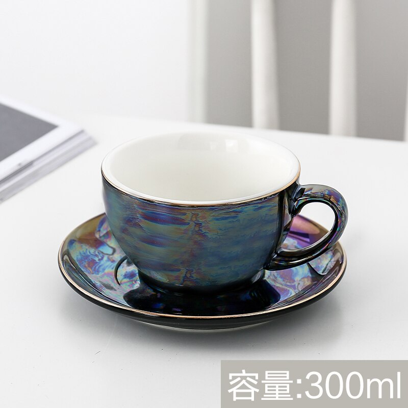 Europese Keramische Kopje Koffie Gold Lijn Parel Glazuur Koffiekopje Schotel Set Thuis Cafe Plezier: Black-300ml