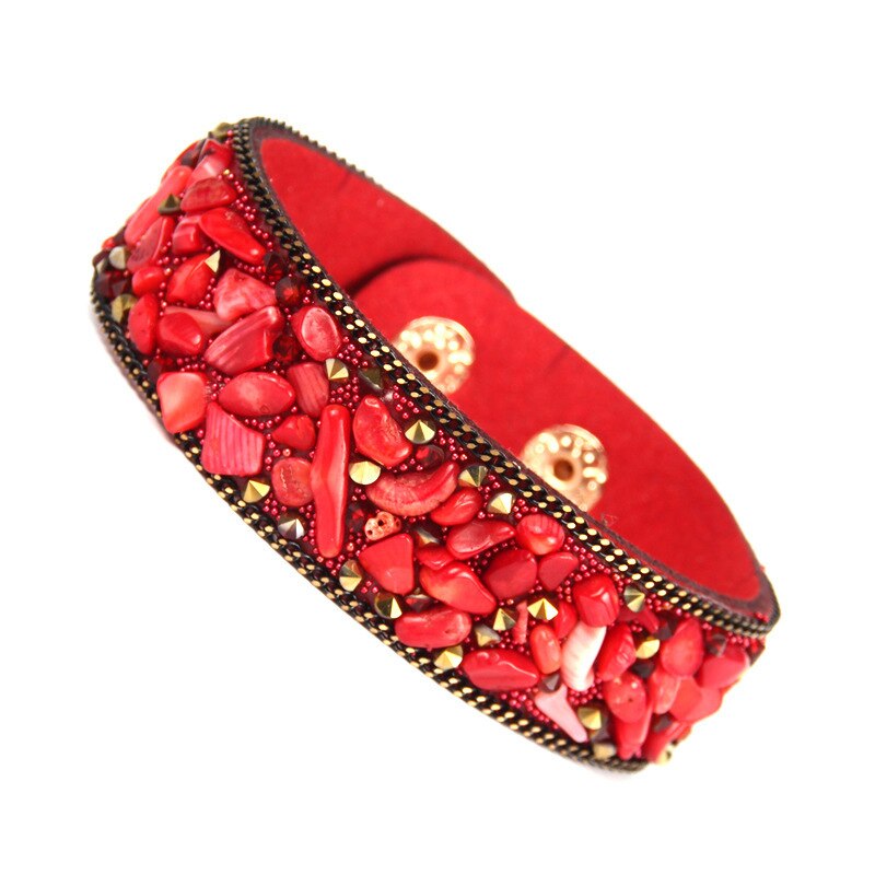 Pulsera de cuero con incrustaciones exageradas para mujer, brazalete con piedras naturales rotas de colores, joyería Unisex