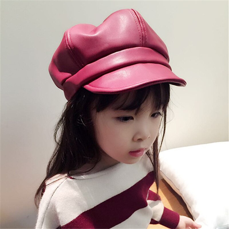 Winter children Girls PU Leather Newsboy Caps Kids Girls Autumn octagonal cap Child hat Autumn: Red