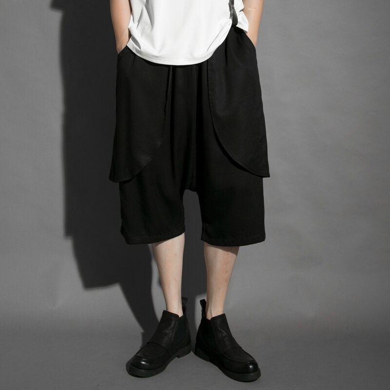 Sommer herre japansk mørk svart fjell original vindelastisk midje selebukser crossbukser løse uformelle cropped bukser: S