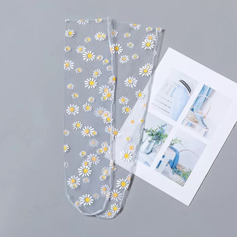 Women Girl Sheer Mesh Loose Ankle Socks Daisy Candy Color Loose Mid Tube Hosiery: Gray