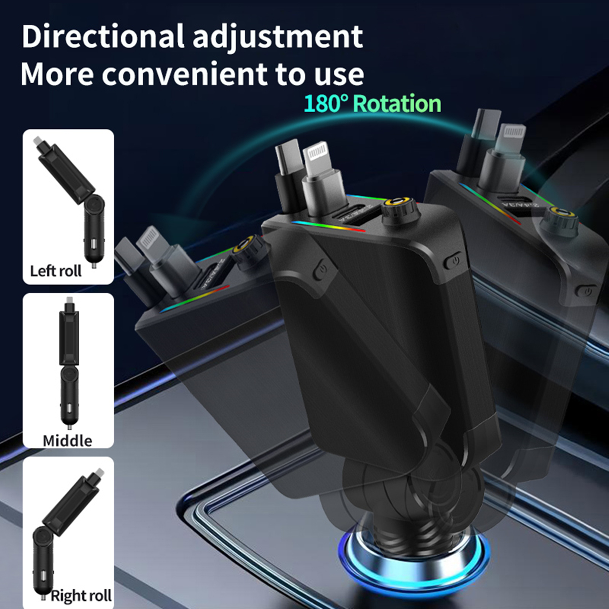 4-in-1 autolader snel opladen 120 W USB Type-C intrekbare kabel 180 ° Roterend met LED-omgevingslicht