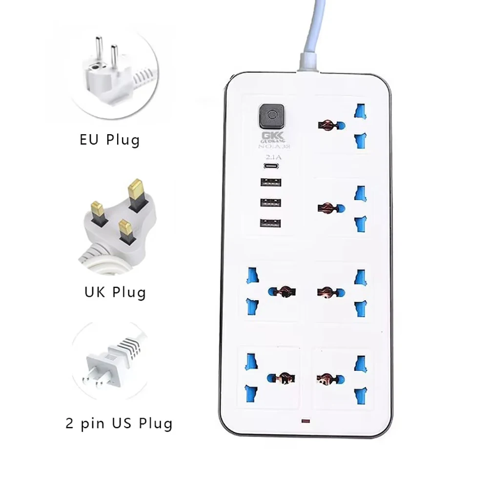 Strømuttak med flere tilkoblinger universalplugg eu usa uk stikkontakt strømskinne ac type c usb-port lade stikkontakt med 1.8m skjøteledninger