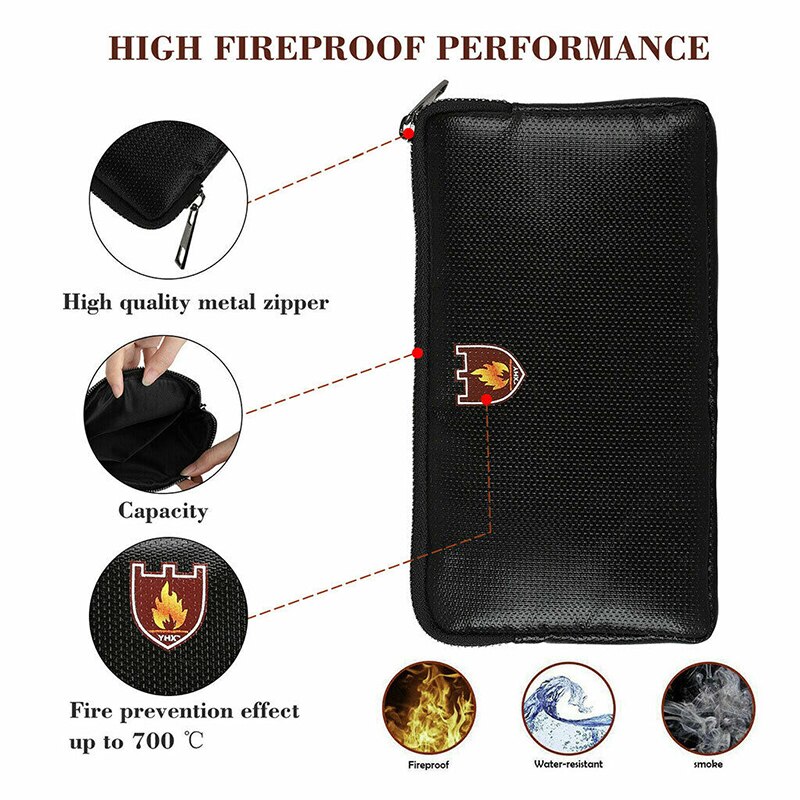 Fireproof Document Bag Fire Resistant Zipper Sewing Thread Improved Silicone Coated Fiberglass Black Waterproof Document Bag