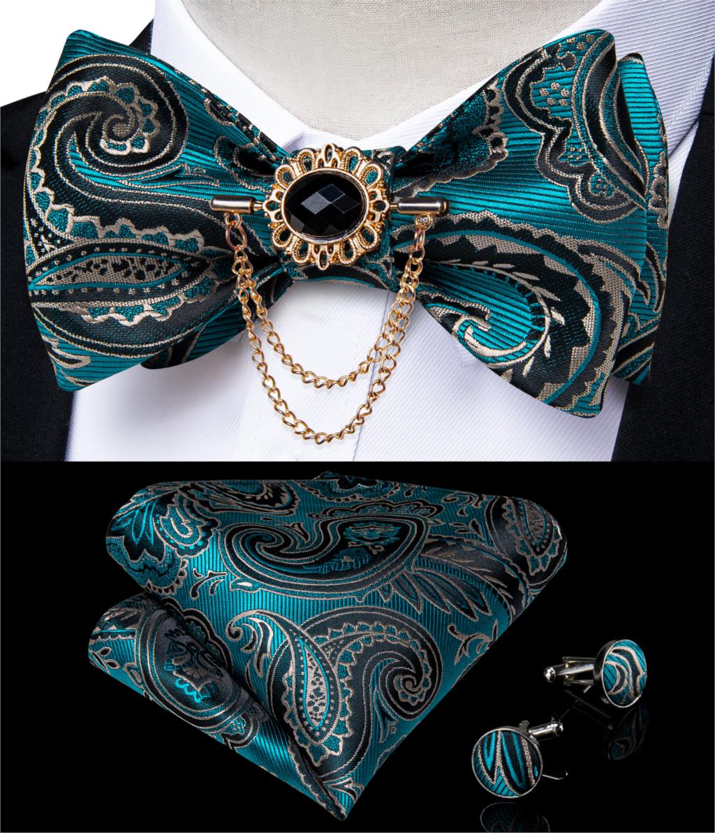 Luxury Gold Black Paisley Self Tie Men&#39;s Bow Tie Silk Woven Wedding Party Butterfly Ties Hanky Brooch Pin Set Tuxedo Bow DiBanGu: HL-3006-0009
