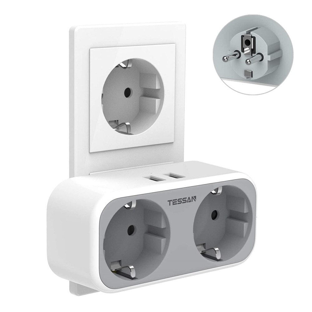 TESSAN – barre d&#39;alimentation d&#39;extension de prise européenne, avec 2 prises EU et 2 Ports de charge USB (5V 2,4 a), prise murale, adaptateur de voyage: TS-321-DE-GR