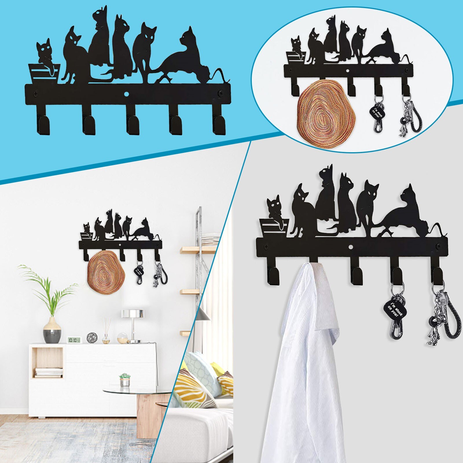Porte-clé mural Vintage en métal noir, 5 crochets, ceinture de décoration