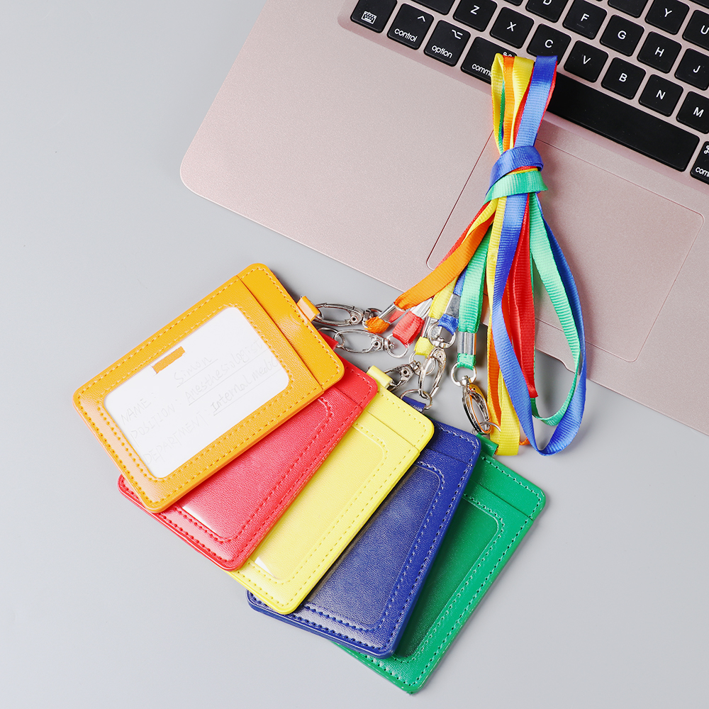 PU Leather Card Holder With Rope Lanyard double card sleeve ID Badge Case Clear Bank Credit Card Badge Holder Office Supplies