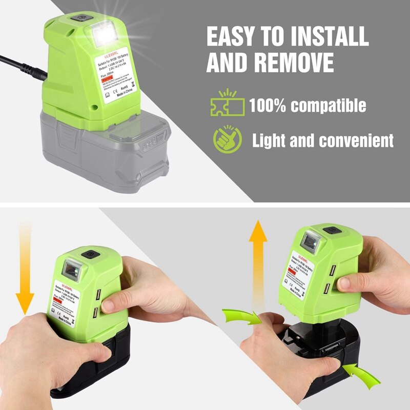 Battery Adapter For Ryobi 18V Li-Ion Battery, DC Port &amp; LED Work Light &amp; Dual USB Charger