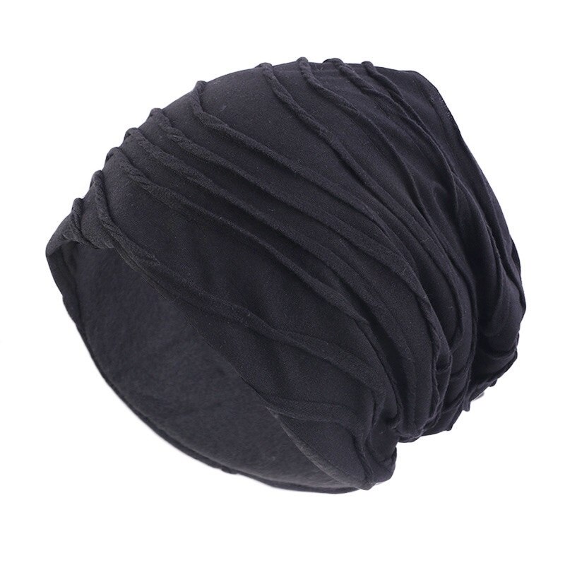 Kvinnor man bomull veck enfärgade mössor chemo keps håravfall stretch turban vinter höst hatt för dam tunn mössa hip hop keps: Svart