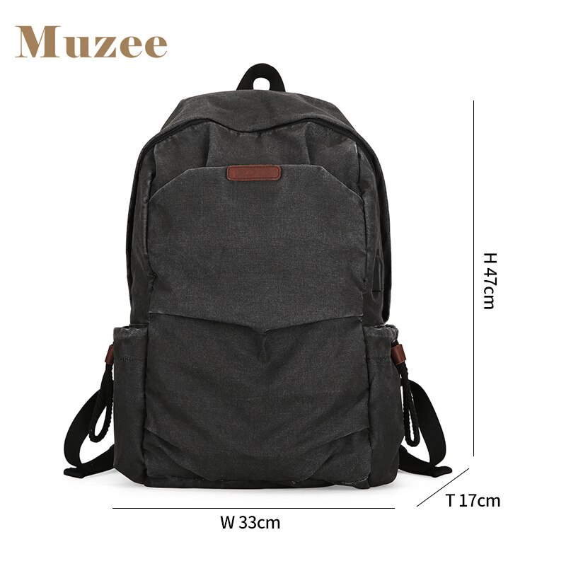 Muzee Canvas Rugzak voor Mannen School Usb-poort Opladen Tassen Reizen Laptop College Student rugzak Reizen Dagrugzak zwart 1898