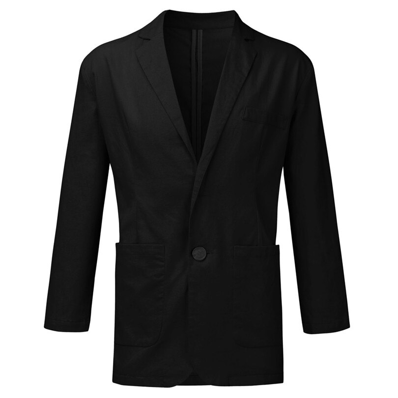 Kesä miesten slim fit pellavasekoitus rento bleiseri tasku kiinteät pitkähihaiset puvut bleiseri takki ulkovaatteet  #e09: Musta / L