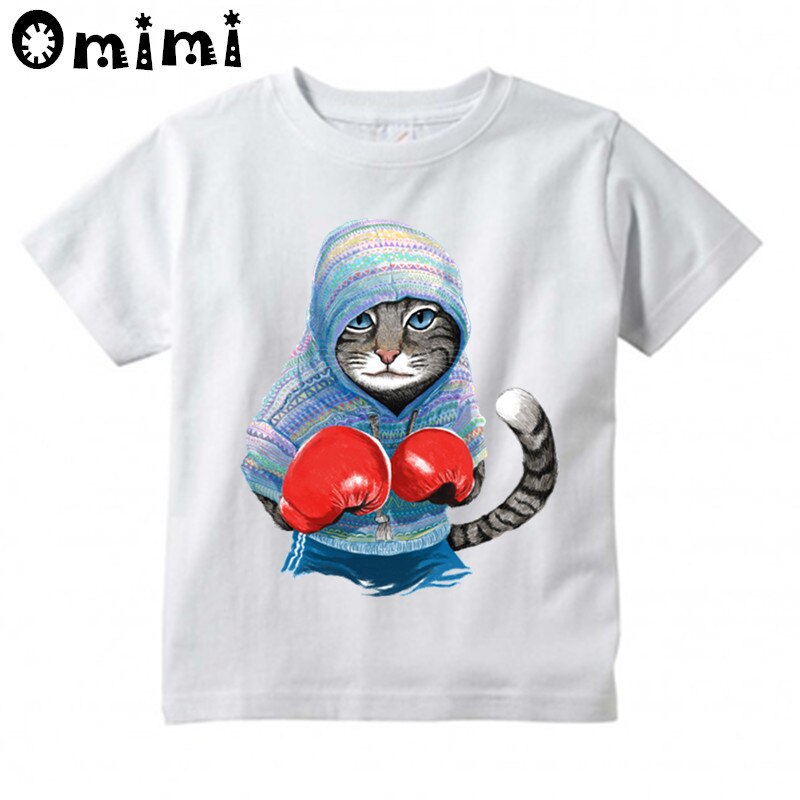 Jongens/Meisjes Super Boksen Kat Aanval T-shirt Kids Casual Cool Tops Kinderen Zomer Wit Leuke T-shirt