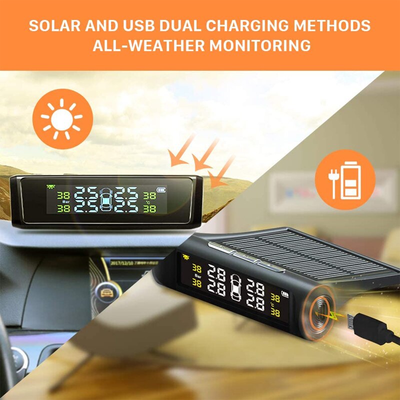 Draadloze slimme bandenmonitor op zonne-energie, tpms-bandenspanningscontrolesysteem op zonne-energie met 4 externe sensoren, ,6 alarmmodi